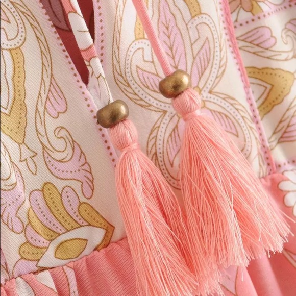 Boho Gypsy Hendrix Floral Pink Peasant Dress Gown hippie free spirit bohemian L - Picture 8 of 14